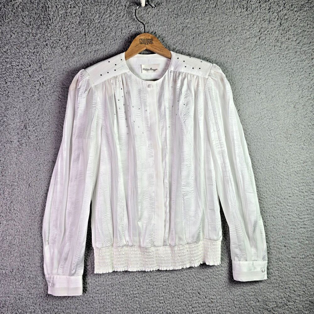 Philippe Marques White Studded Pleated Blouse 10 Long Sleeve USA